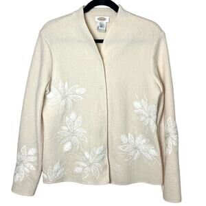 Vintage Talbots 100% Wool Embroidered Floral Cardigan Jacket Ivory Size Small